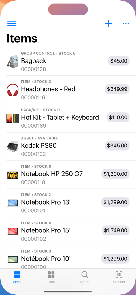 Cash Register for Business - Mobile app screen showing a list of business inventory items with prices and stock levels