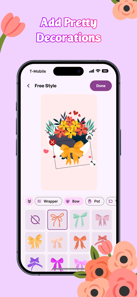 Flower Language Keyboard Color - Customizing a digital flower bouquet with colorful bow stickers in the Flower Language Keyboard app