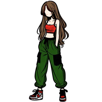 girl in baggy pants crop top and long hair