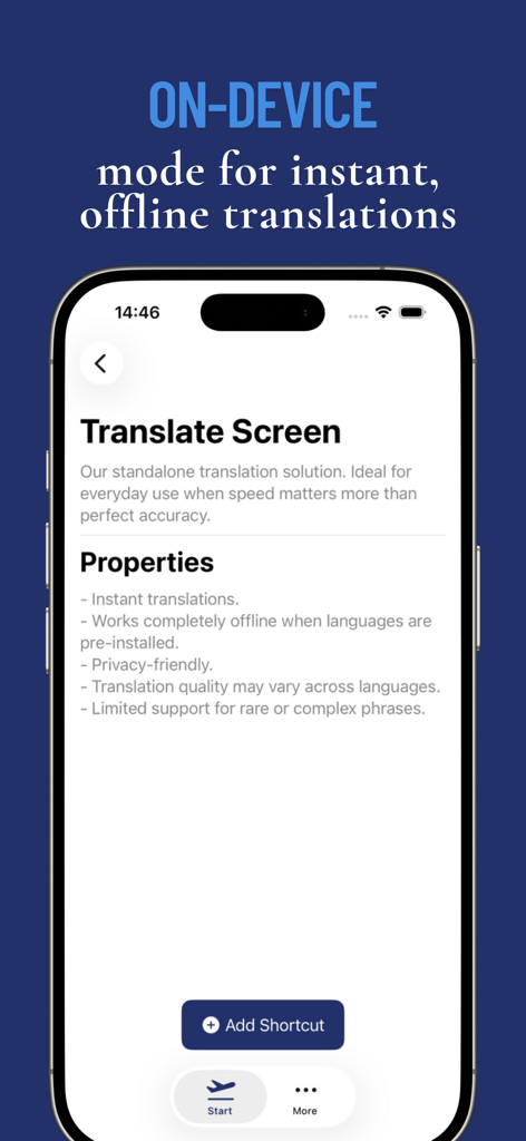 Interface of Screen Translator TapTranslate highlighting the on-device mode for instant offline translations