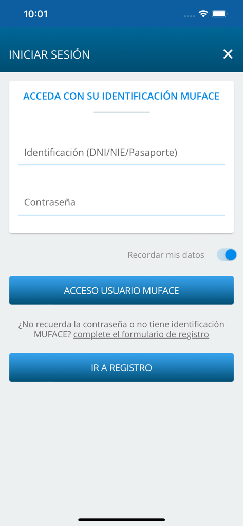 Login screen of the Muface Movil app with identification and password fields