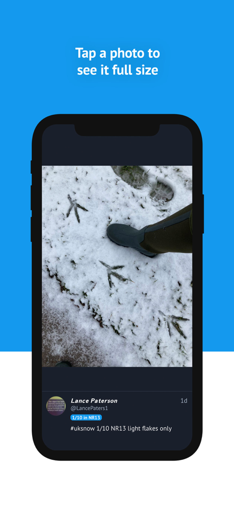 UK Snow Map - Mobile app interface showing a user submitted photo of snow with bird tracks and a social media report about light snowfall