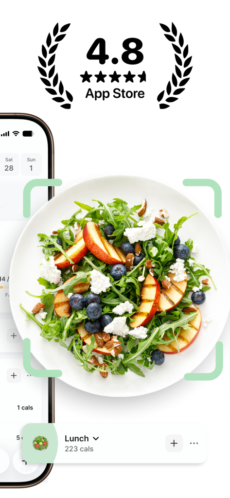 Interfaz de la aplicación Cals que muestra una calificación de 4.8 estrellas y una comida saludable siendo registrada en un contador de calorías