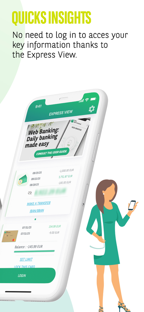 Handybildschirm mit der Express View-Funktion der Web Banking-App für schnelle Kontoeinblicke.