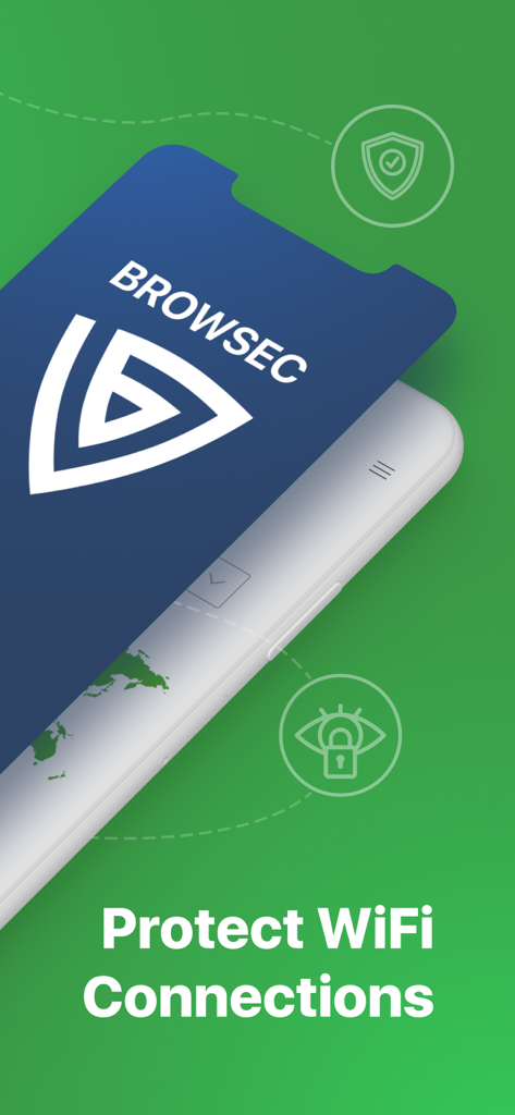 Browsec VPN 앱 스크린샷이 스마트폰과 보안 아이콘이 있는 Protect WiFi Connections 텍스트를 보여줍니다.