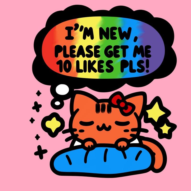 kitty taking a nap dream talking and saying "i'm new, please get me at least 10 likes pls!!"