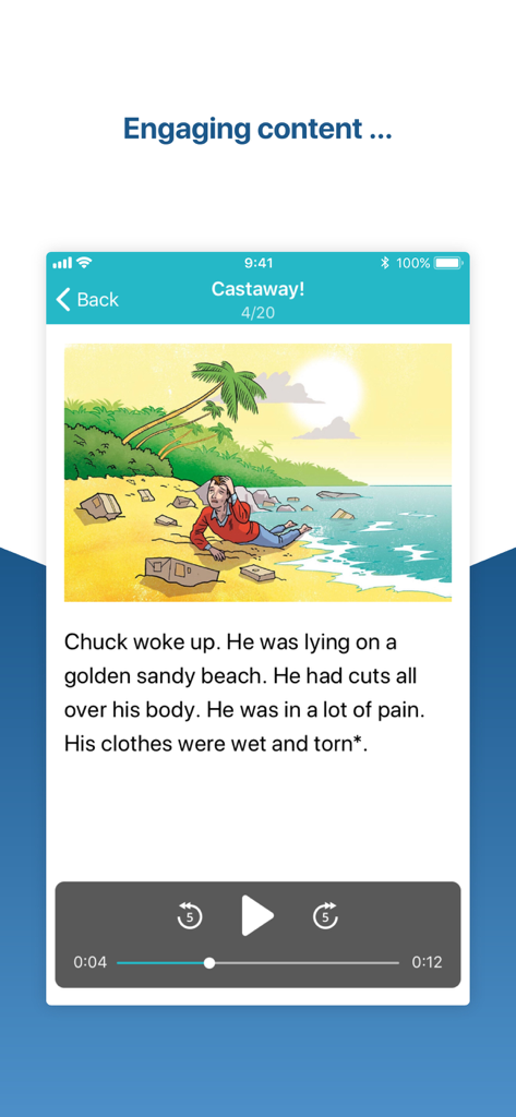Screenshot dell'app HELBLING Media che mostra un lettore digitale con un'illustrazione di un naufrago su una spiaggia, testo inglese e controlli di riproduzione audio.