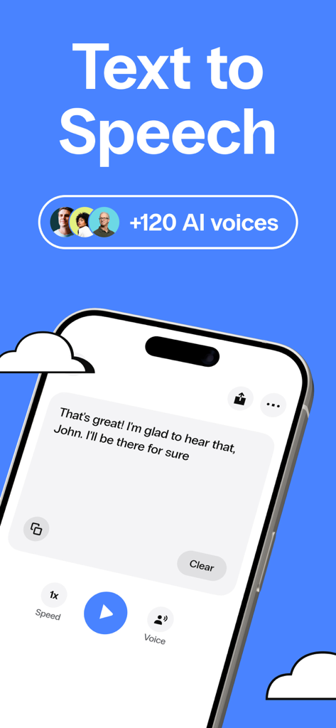 Speak4Me Text to Speech Reader - Speak4Me app interface showing text to speech conversion with a message and AI voice controls