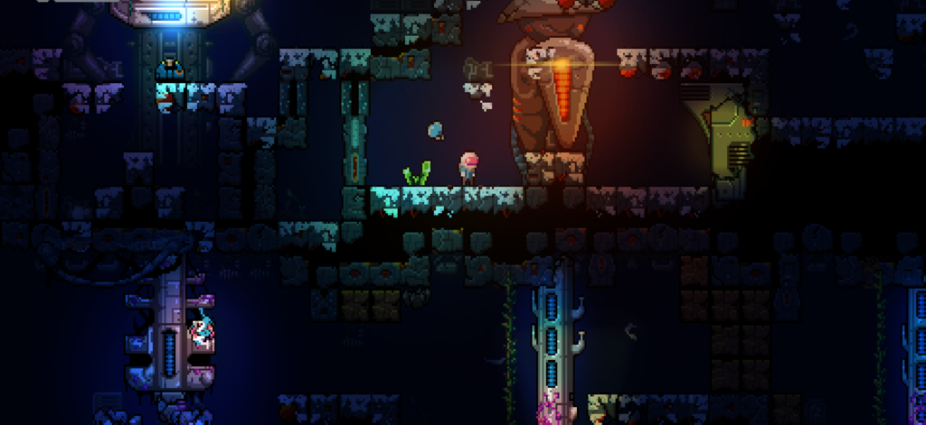 Residual - Personagem em pixel art explorando uma antiga caverna alienígena no jogo Residual.