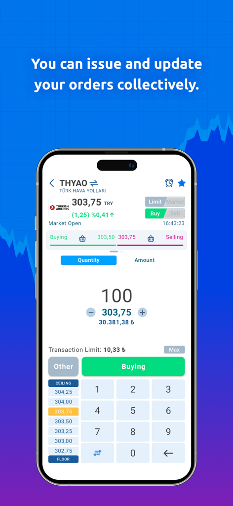 Interfaccia dell'app mobile N Kolay Trader che mostra una schermata di immissione ordini di azioni per Turkish Airlines.