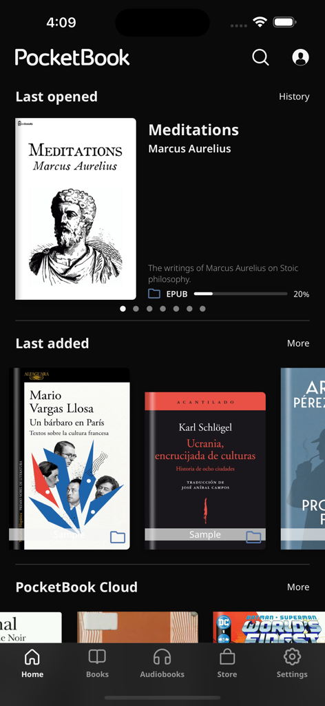 PocketBook Reader - PocketBook Reader app home screen showing digital book library and last read books in dark mode interface.
