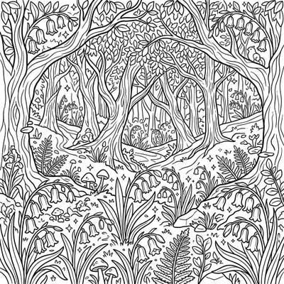 Dive into the serene beauty of a bluebell-filled forest with this captivating full-scene coloring page. Featuring intricate details from gnarled trees to delicate bell-shaped flowers, it offers a peaceful artistic escape.
