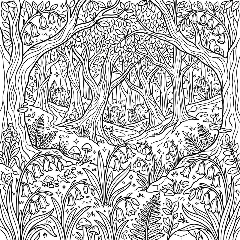 Dive into the serene beauty of a bluebell-filled forest with this captivating full-scene coloring page. Featuring intricate details from gnarled trees to delicate bell-shaped flowers, it offers a peaceful artistic escape.
