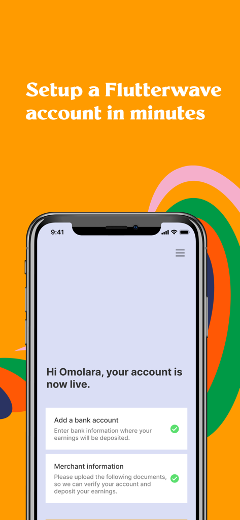 Flutterwave - Flutterwave app screen showing a live account status and steps to add bank and merchant information