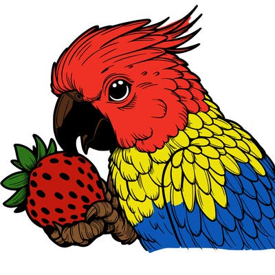 a realistic parrot eating a strawberry