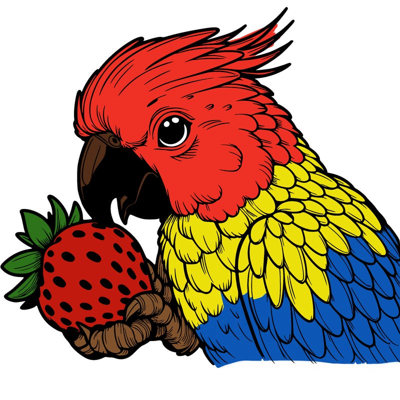 a realistic parrot eating a strawberry