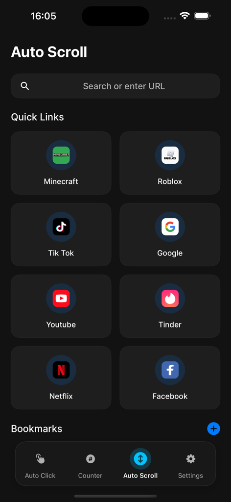 Auto Clicker Assistant TapStom - Auto Scroll dashboard in TapStorm app featuring quick links to popular platforms like TikTok and Roblox.