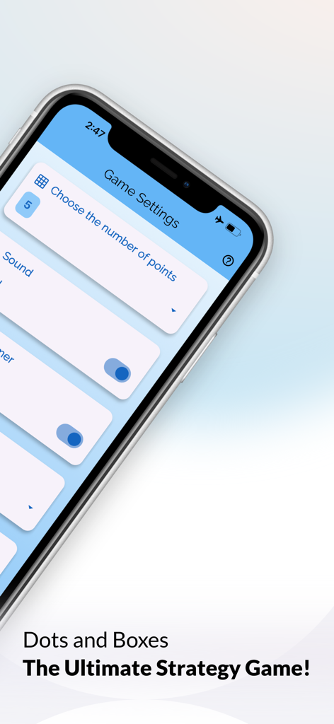 Dots and Boxes - Friends or AI - Pantalla de iPhone que muestra la configuración del juego de mesa de estrategia Dots and Boxes, incluyendo puntos de la cuadrícula y controles de sonido