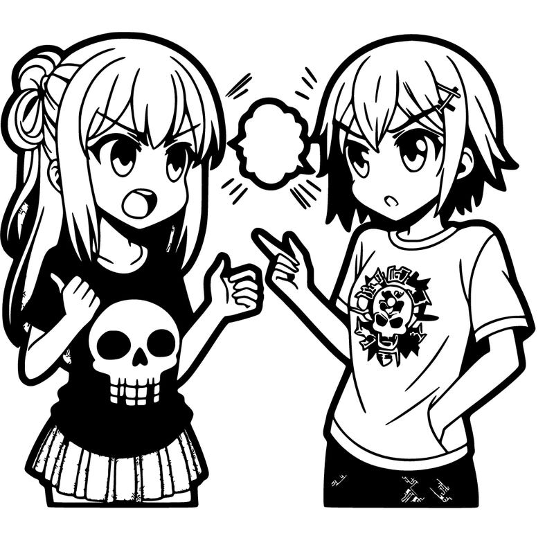 anime girl wearing a tee shirt with a skull on it arguing with an anime guy wearing a suit