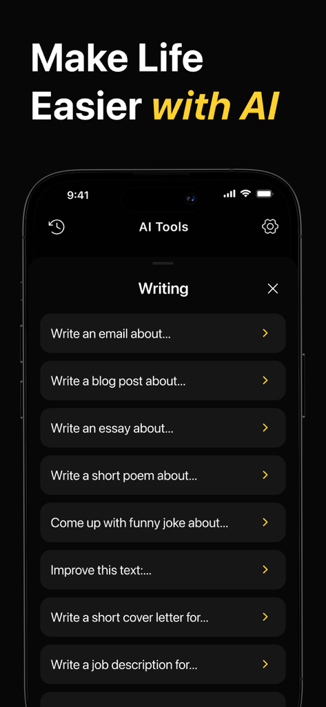 Chat AI Plus - Menú del asistente de escritura de Chat AI Plus con varias opciones de generación de texto