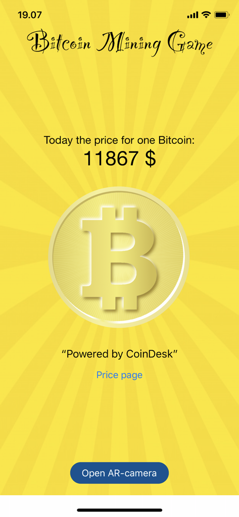 Bitcoin Mining Game - Bitcoin Mining Game main screen displaying a golden Bitcoin coin and the current simulated price