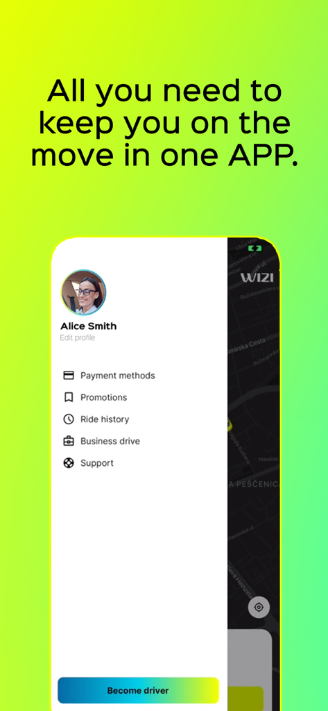Wizi app interface showing user profile sidebar with ride history and business drive options