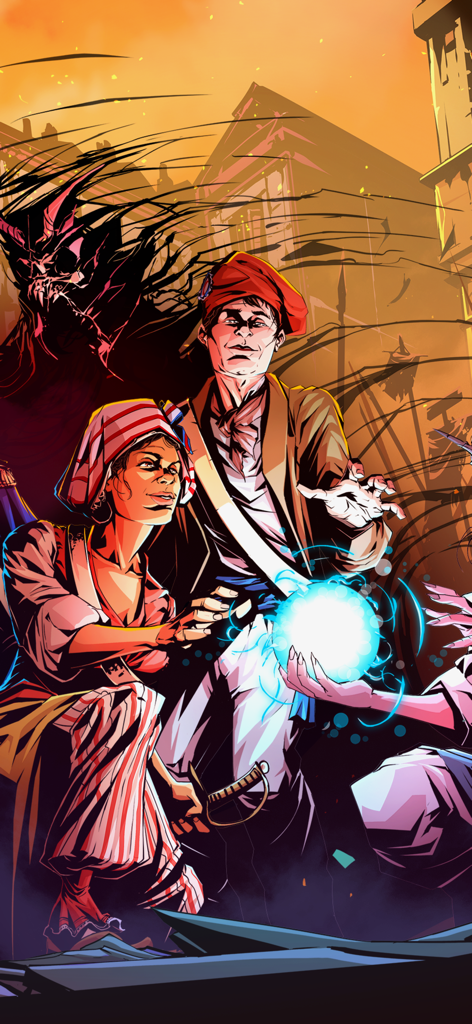 Revolution Diabolique - Revolucionários franceses e um demonologista segurando um orbe mágico brilhante com um demônio esquelético ao fundo.