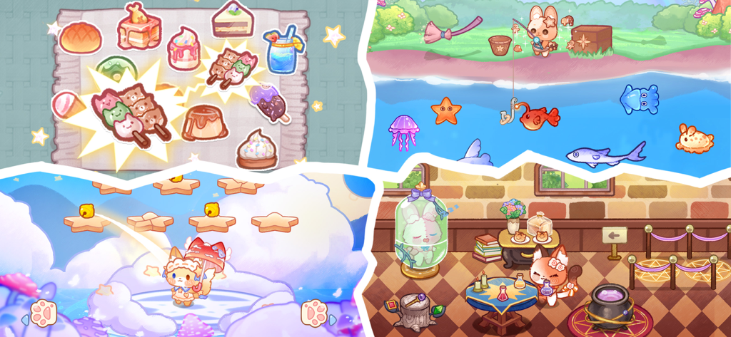 Un collage de escenas de juego de Lovely Cat Magic Academy City con personajes de gatos pescando, saltando sobre estrellas y explorando una sala mágica.