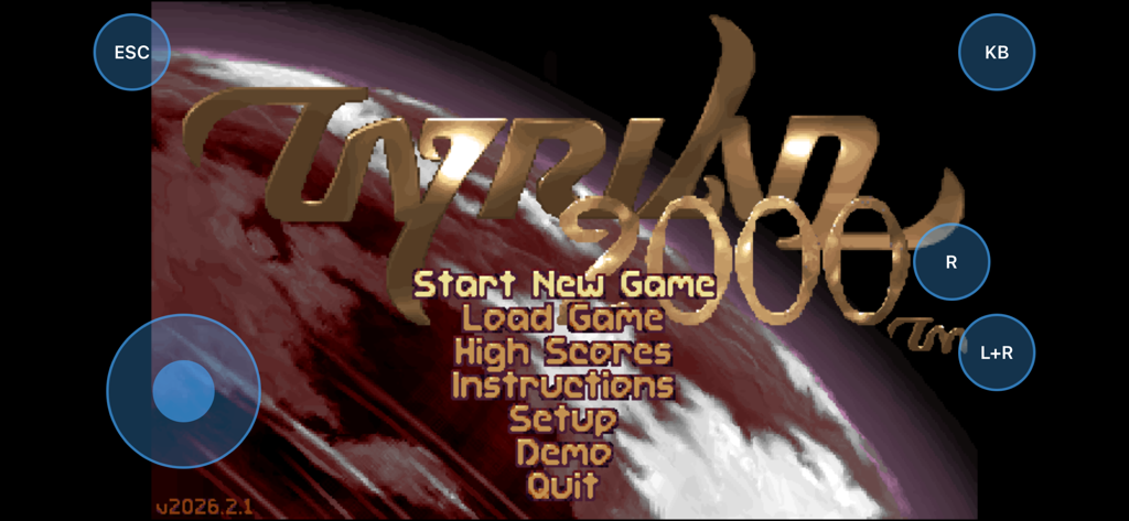 Tyrian 2000 - Hauptmenübildschirm der Tyrian 2000 Mobile App mit Retro-Weltraumgrafiken und virtuellen Touch-Steuerungen