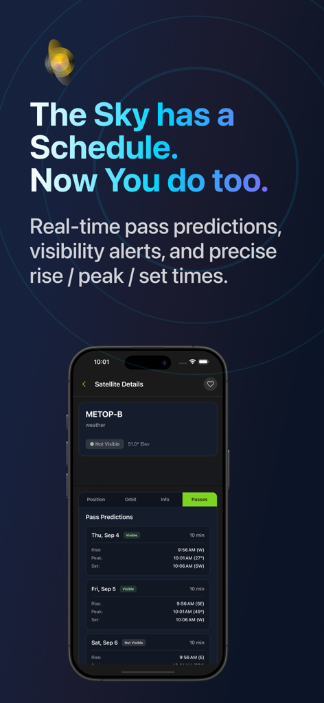 SpaceSight24 ISS & Starlink - Interface of SpaceSight24 app showing detailed pass predictions and visibility alerts for the METOP-B satellite