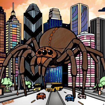realistic giant spiders in a city