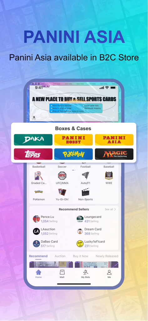 Card Hobby - Card Hobby 앱 스크린샷에는 포켓몬 및 탑스와 같은 트레이딩 카드 카테고리와 함께 파니니 아시아 박스가 표시됩니다.