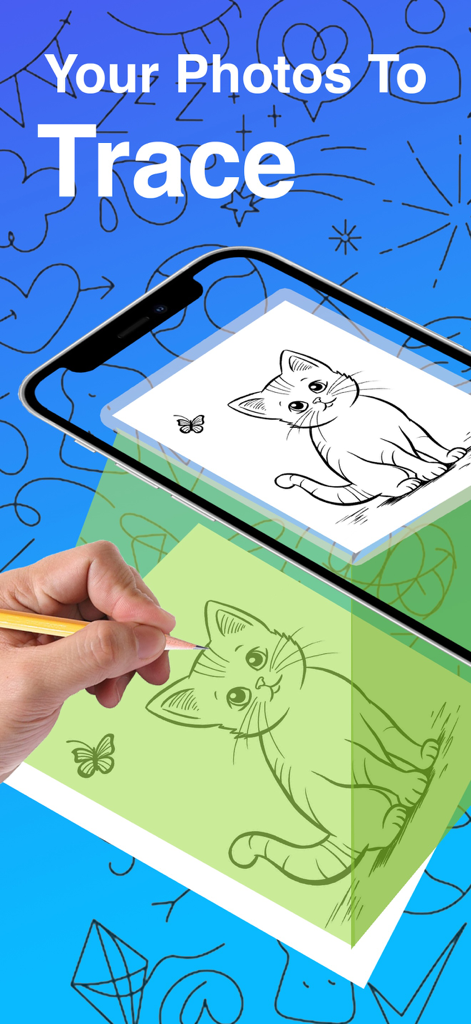 AR Drawing Sketch Painting - A person using the AR Drawing app to trace a kitten sketch from their smartphone onto a piece of paper.
