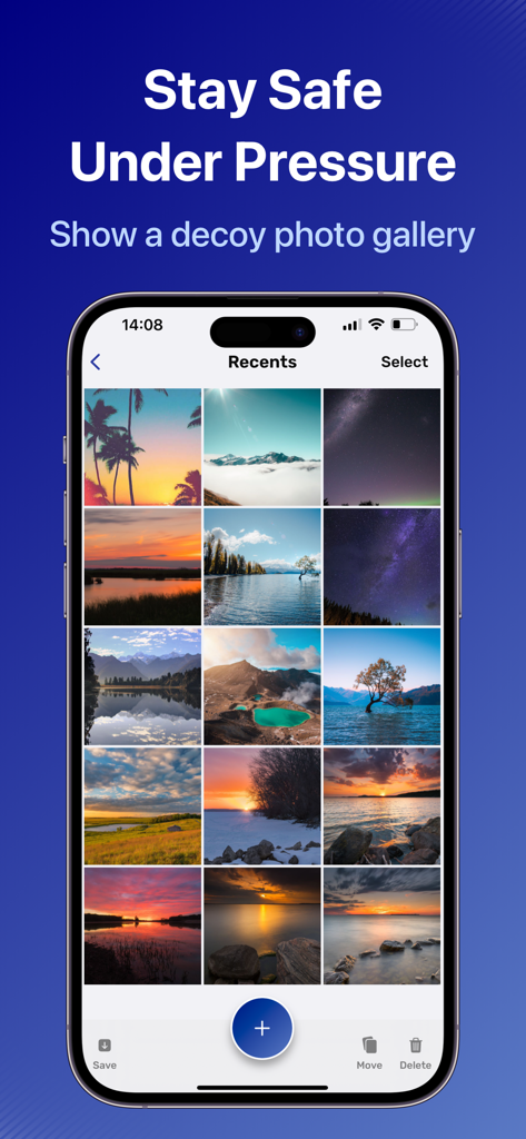 Photo Lock Private: Locxafe - Interface of the Locxafe app displaying a decoy photo gallery to protect private media under pressure.