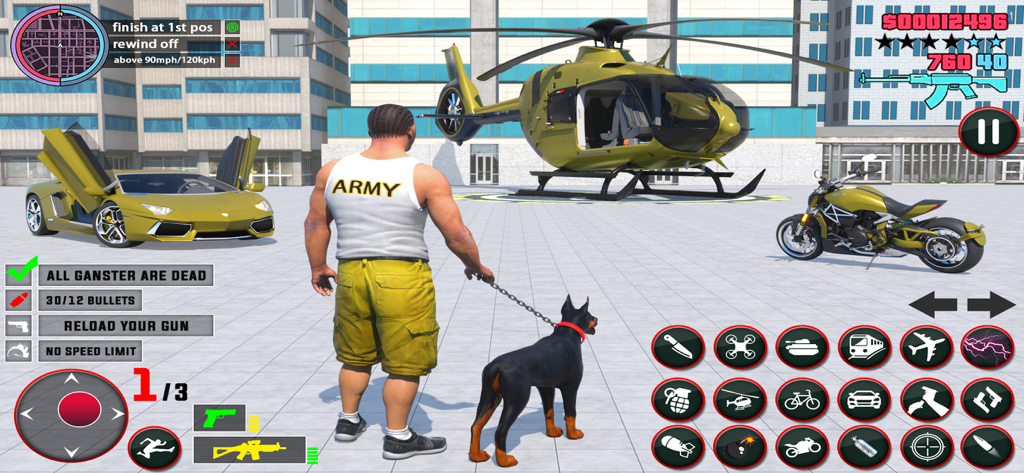 Army Transport Truck Sim 3D - Army character standing with a dog near a sports car and military helicopter