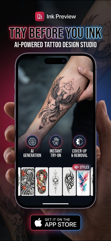 Tattoo AI Designer InkPreview - Interface do aplicativo Ink Preview mostrando um design de tatuagem de fênix gerado por IA sendo visualizado em um antebraço