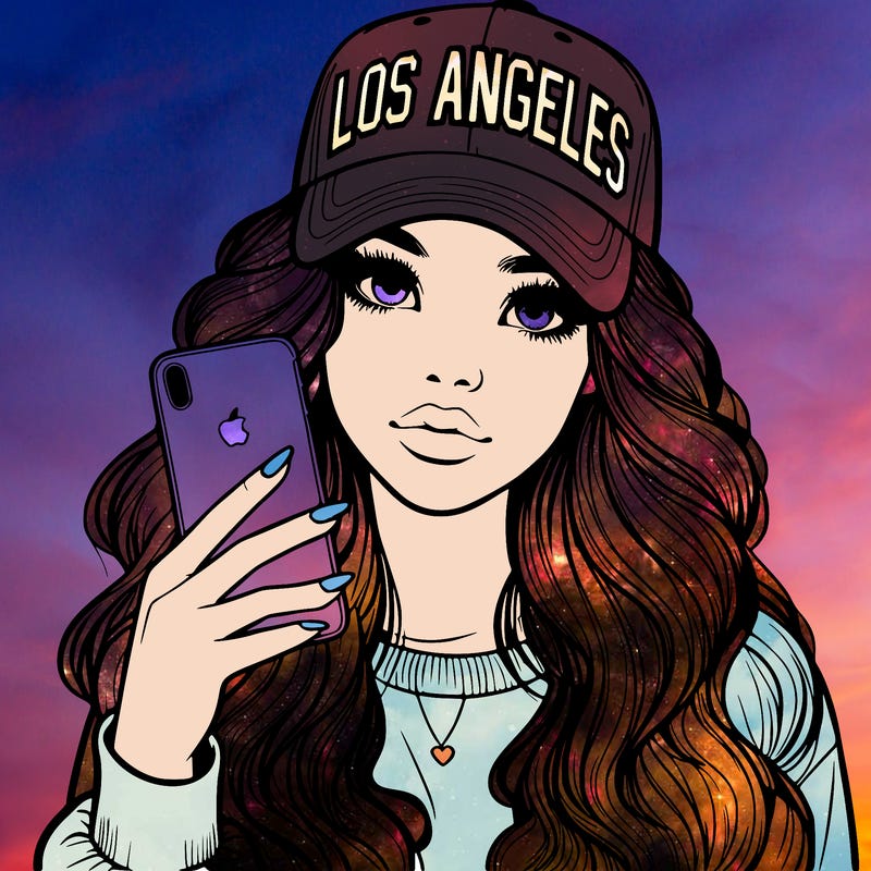 realistic beautiful girl wearing los ángeles cap holding an iphone