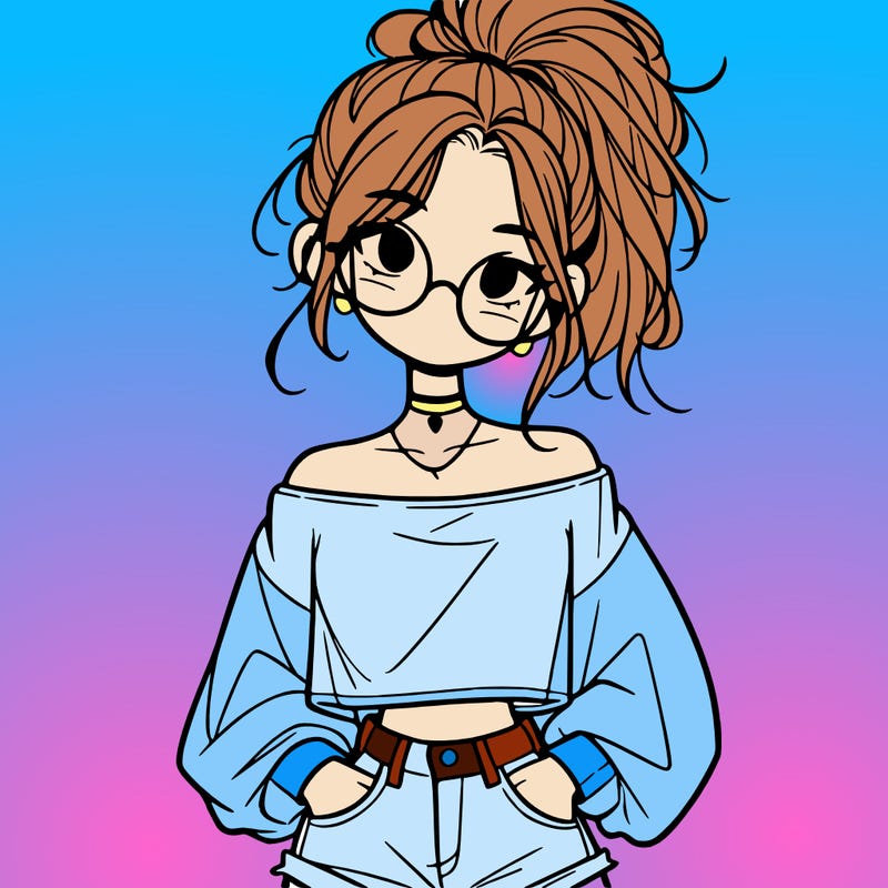 girl with a messy ponytail glasses a baggy crop top and jean shorts