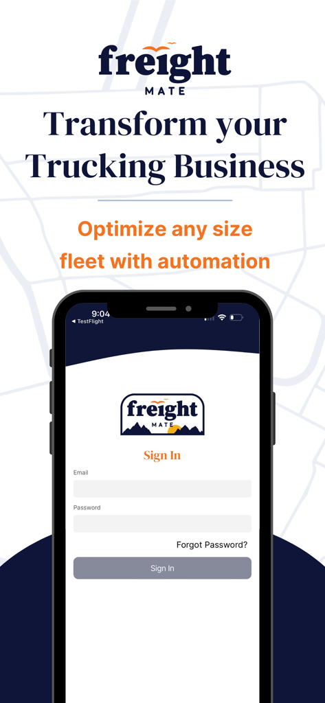 Freight Mate - Tela de login do aplicativo Freight Mate exibindo a interface de login para automação de frota de transporte.