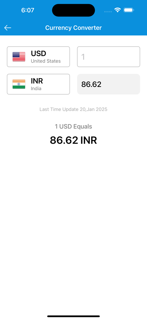 Currency converter interface showing exchange rate between US Dollar and Indian Rupee