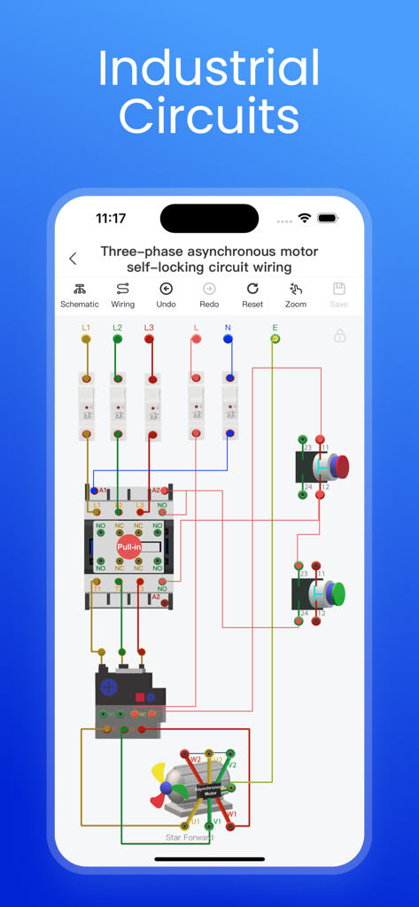 WireGo - WireGo mobile app showing an industrial motor self locking circuit wiring diagram