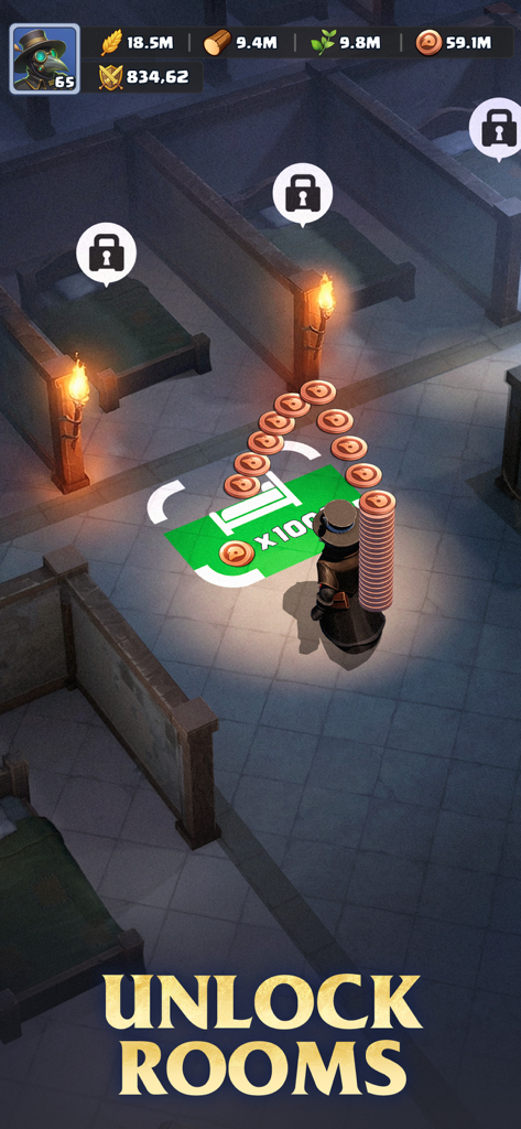 Last Asylum: Plague - A plague doctor character expanding a sanctuary by unlocking rooms in the mobile game Last Asylum Plague