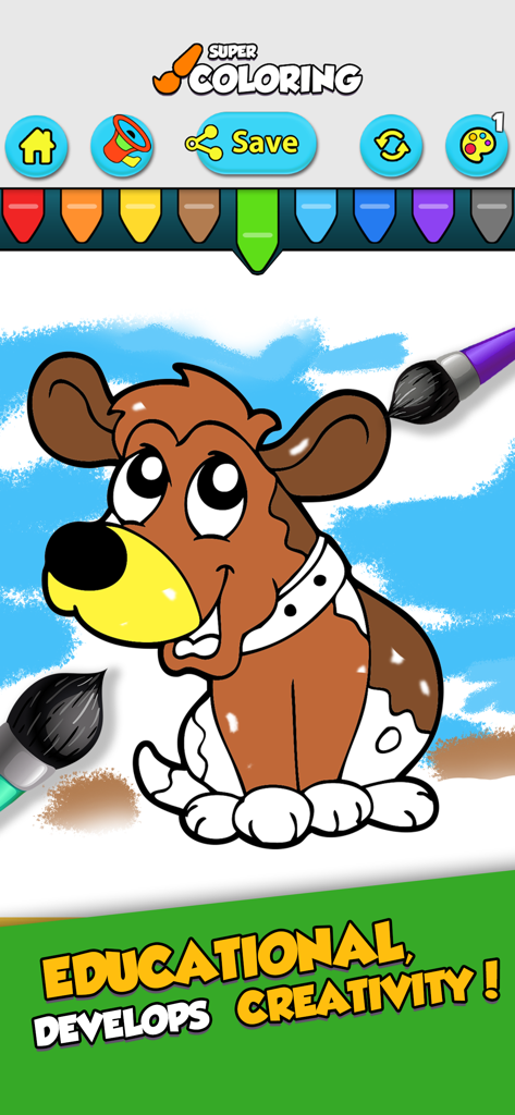 Kids Coloring Book Baby Learn - Uma página para colorir de cachorro de desenho animado na interface do aplicativo Kids Coloring Book Baby Learn apresentando pincéis e paletas de cores