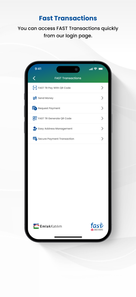 Emlak Katılım Mobile - Pantalla de un teléfono inteligente que muestra las opciones de transacción RÁPIDAS en la aplicación bancaria Emlak Katilim Mobile.