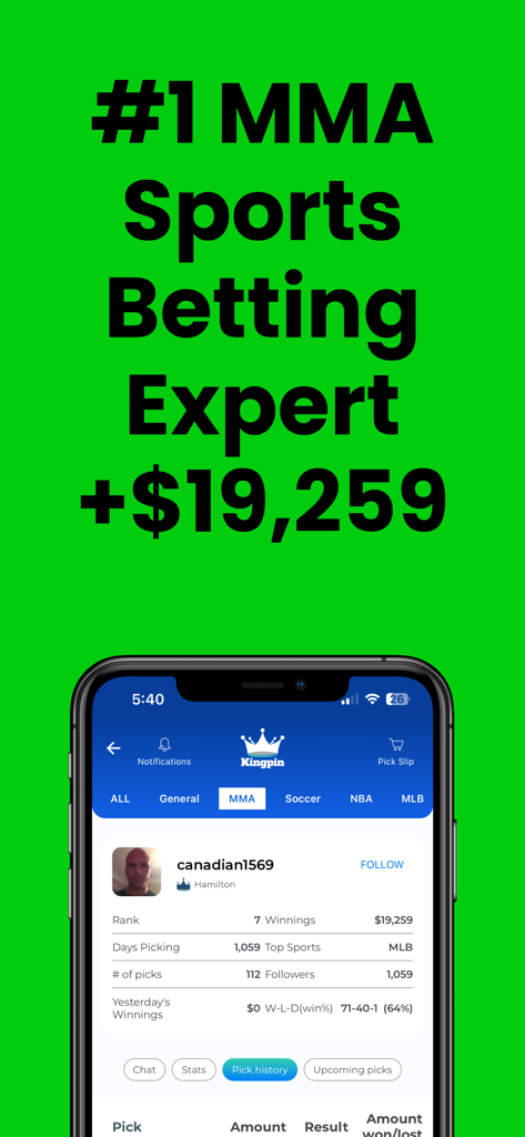 A mobile screen showing the profile of a top ranked MMA betting expert with over 19000 dollars in winnings on the Kingpin app.