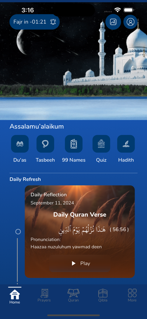 My Islam: Qur'an Prayer Tasbih - Home screen of the My Islam app featuring prayer times, daily Quran verse, and navigation icons for Duas and Tasbeeh