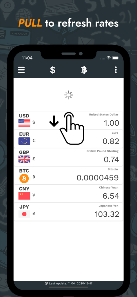 Mobile app interface showing the pull to refresh gesture for real time currency and cryptocurrency rates