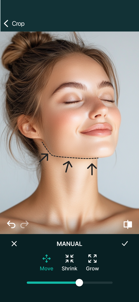 Strumento di regolazione manuale della mascella nell'app editor foto Tune Face and Body