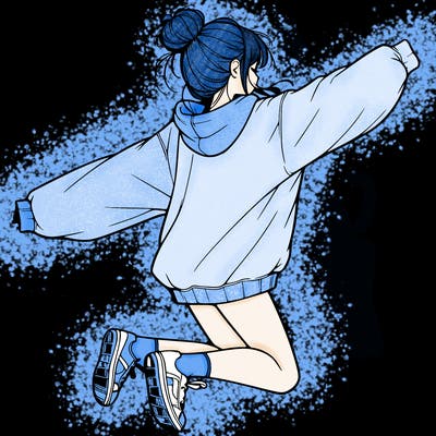 realistic girl jumping with a bun and oversized sweatshirt