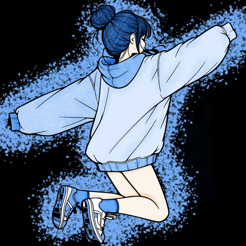 realistic girl jumping with a bun and oversized sweatshirt